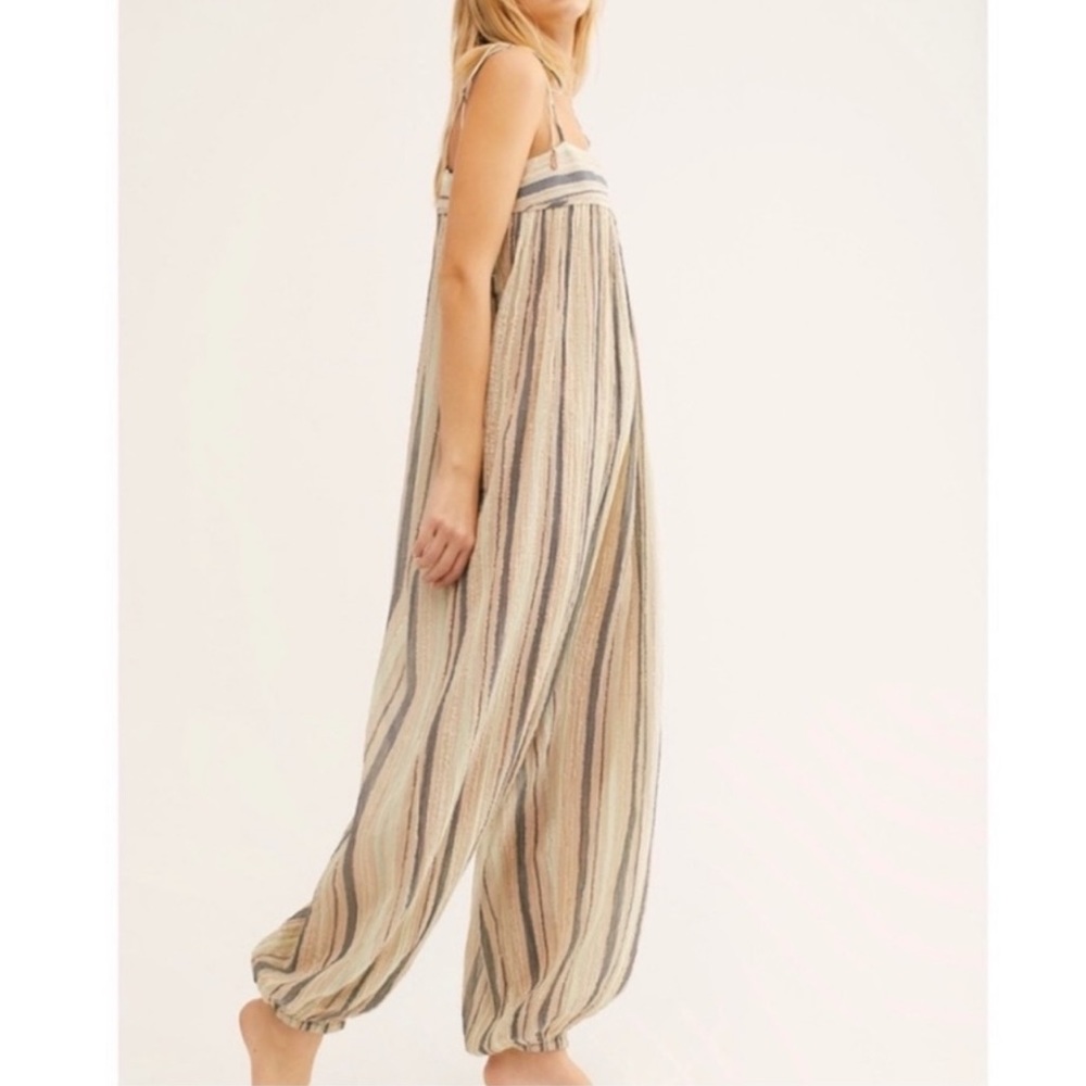 Free People Striped Tie-Shoulder Harem Jumpsuit in Neutral Tones